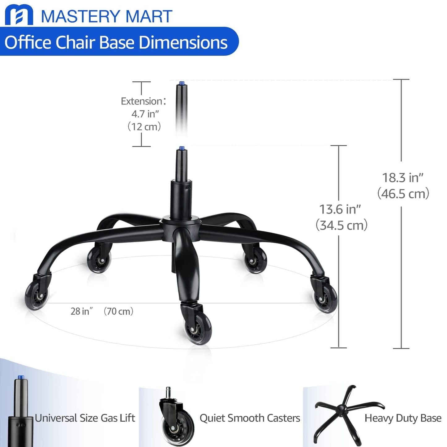 MASTERY MART Office Chair Base Replacement Bundle – Heavy Duty 352 lbs, Smooth Rolling on All Floors, Swivel Base with Caster Wheels & Gas Lift Cylinder, 4.7'' Travel Length