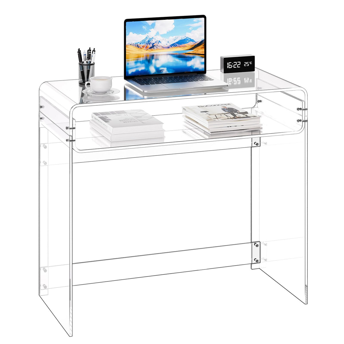 VEVOR Acrylic Desk, Clear Laptop Study Desk with Storage Shelf, Modern Transparent Console Table for Home Office, Living Room, Bedroom, Entryway, 33.5" W x 15.7" D x 29.5" H