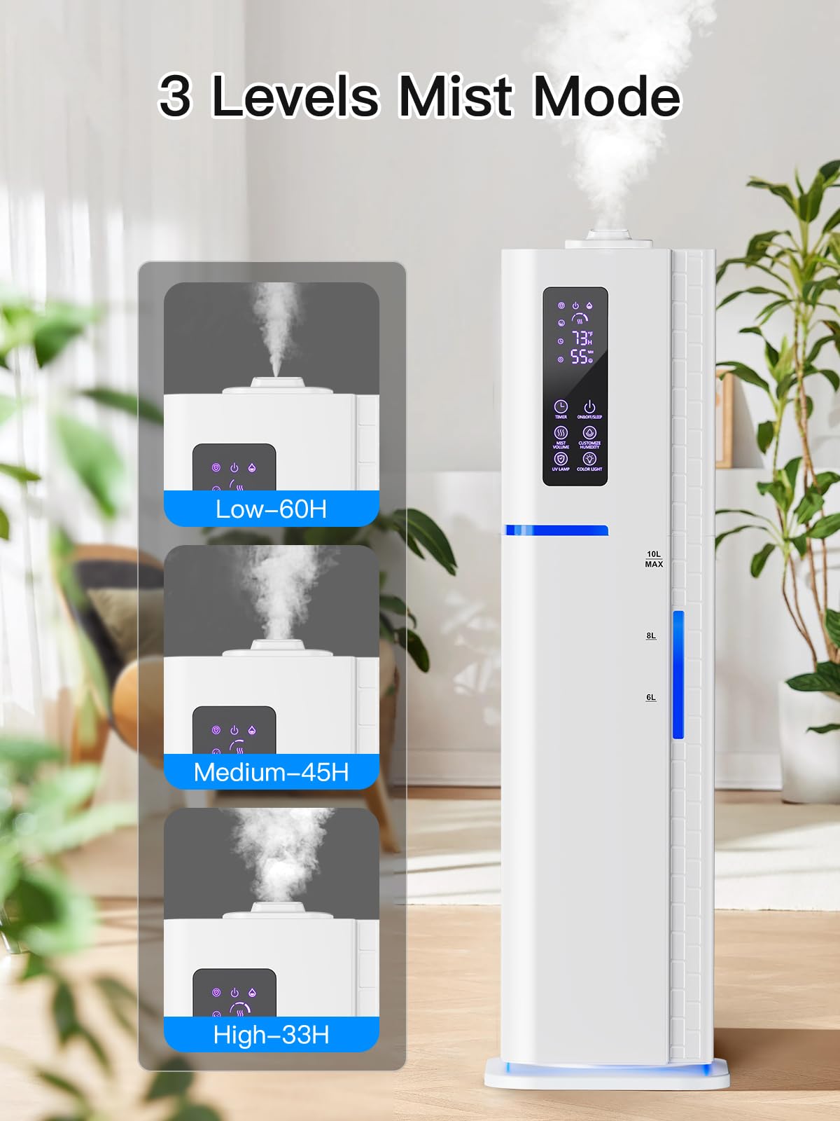 Zeova 10L/2.64Gal Humidifiers for Bedroom, Top Fill Quiet Ultrasonic Cool Mist Humidifier Large Room, Covers 550ft², 60H Runtime, 24H Timer, 3 Mist Modes Humidifiers for Home, Office, Plants, White