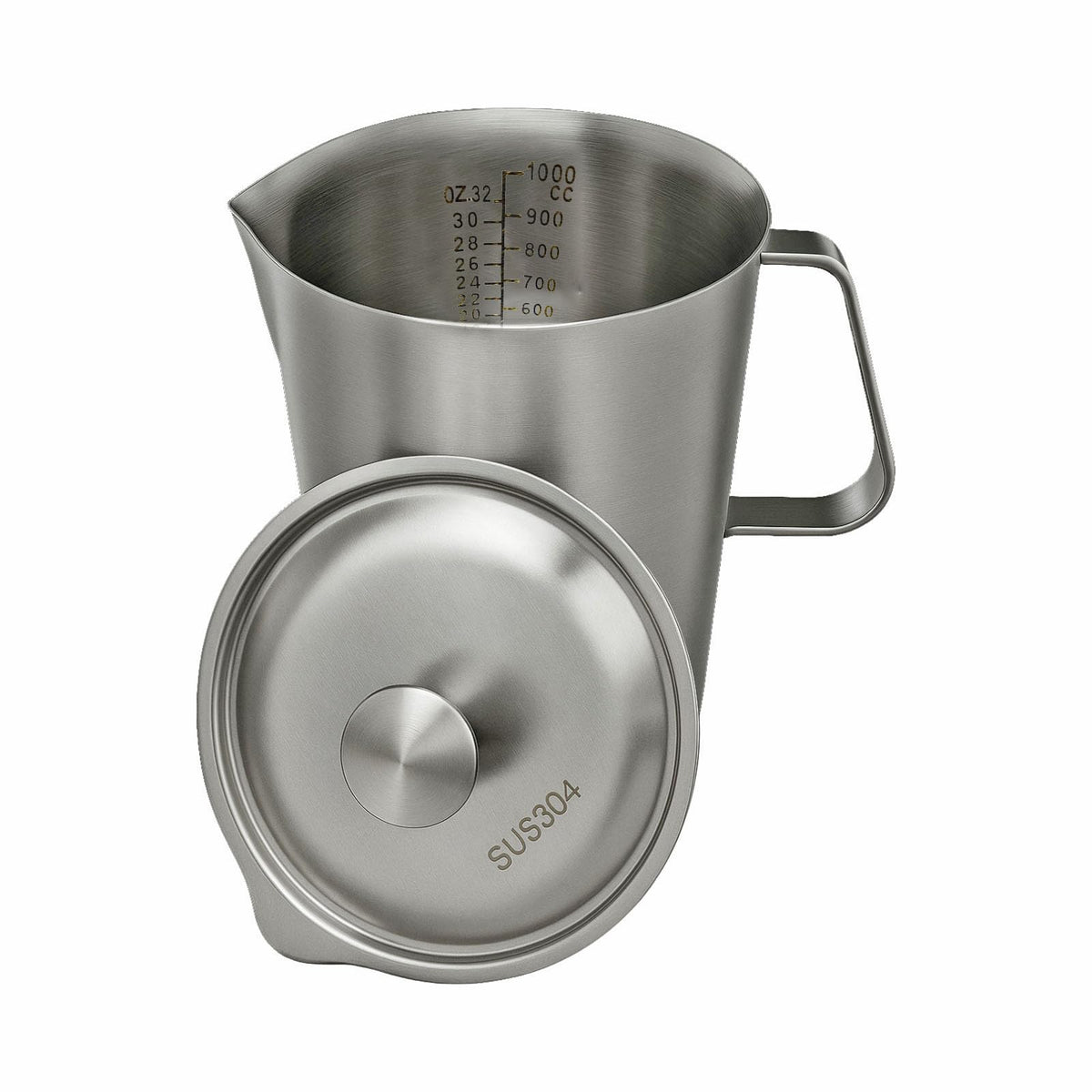 Stainless Steel Measuring Pitcher with Lid, 32 oz / 1L Large Metal Jug with Handle & Dual Scales, Wide Mouth Graduated Cup for Milk Frothing, Iced Tea, Espresso, Hot & Cold Water
