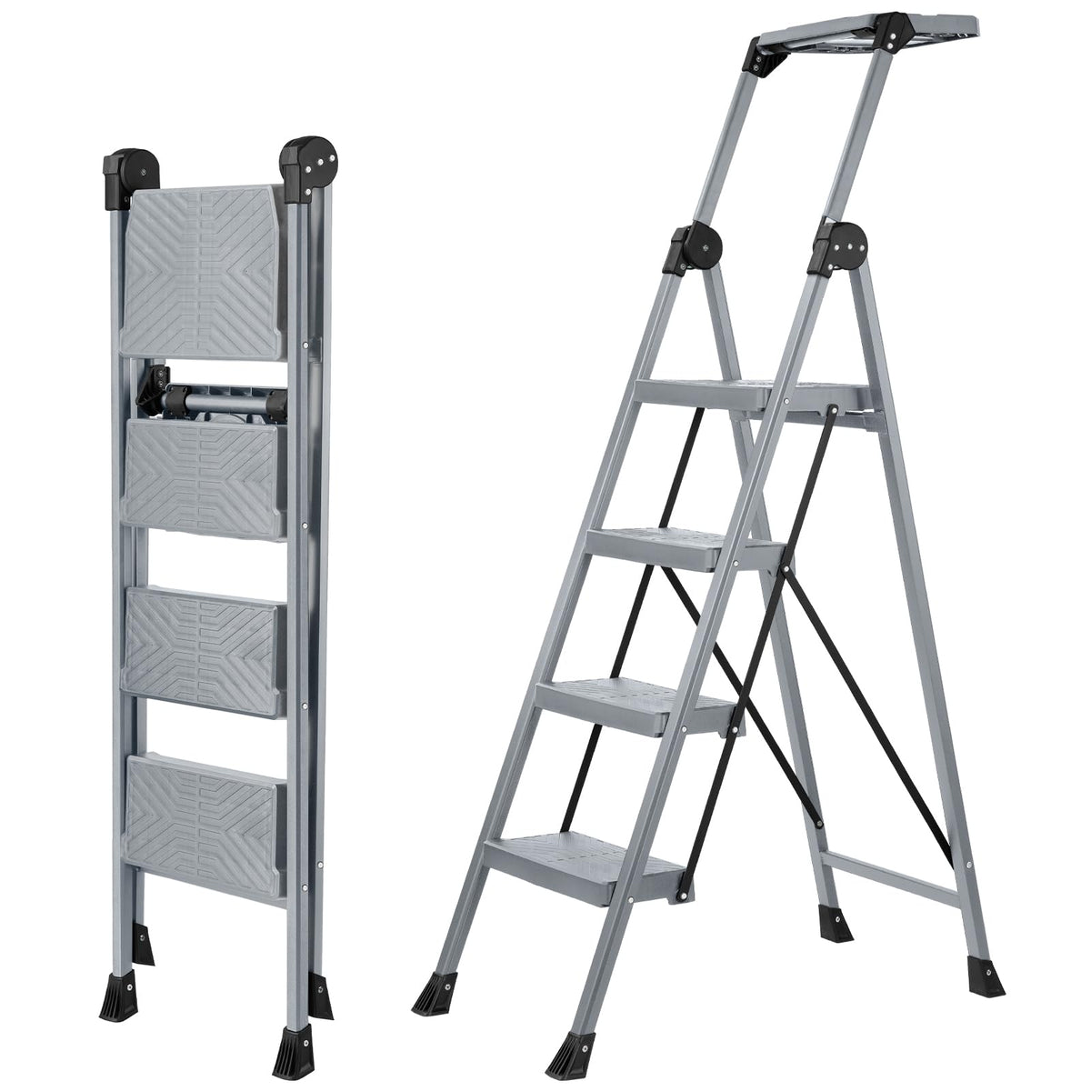 XinSunho 4 Step Ladder, Foldable Step Stool Ladder with Handrails & Tray, 660 lbs Heavy Duty Wide Pedals, Sturdy Steel Folding Ladder for Kitchen, Home, and Household Use(Silver, 4 Step)