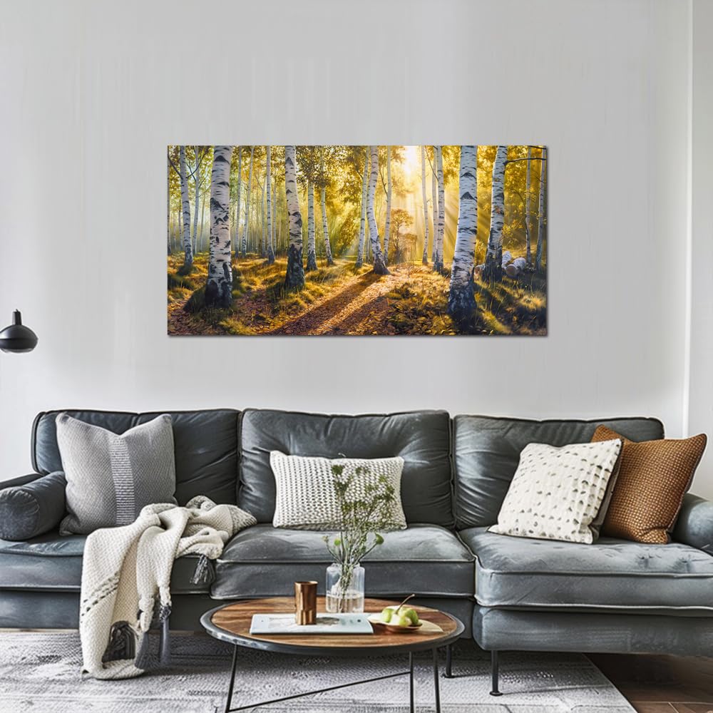 Sense&Sensitivity Arts-Green View White Birch Forest Canvas Painting Wall Art Decor Fall Artwork Modern Green Nature Artwork for Living Room Kitchen Bedroom Bathroom Office 40" x 20" Inch