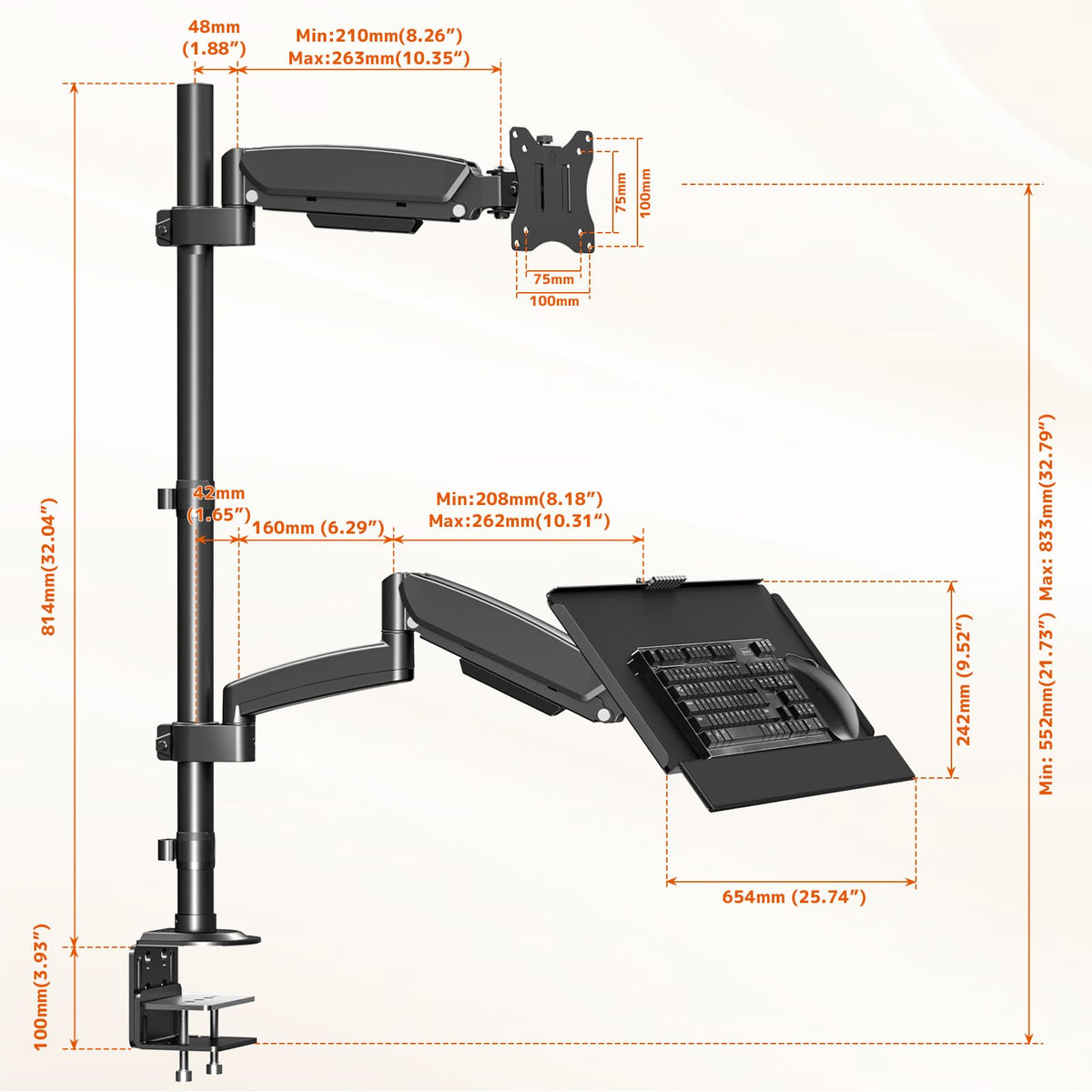 PUTORSEN Sit Stand Monitor Desk Mount for 17-32 inch Screens, Height Adjustable Full-Motion Articulating Arm with Keyboard Tray,19.8 lbs Monitor & 2.2lbs Tray Capacity, C-Clamp & Grommet Mount,Black