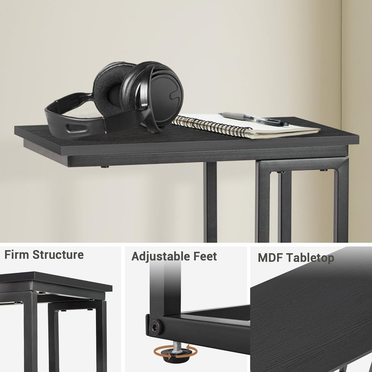 fusehome C-Shaped End Table, for Living Room, Bedroom, Small Spaces, TV Tray Couch Side Tables Laptop Table, Black