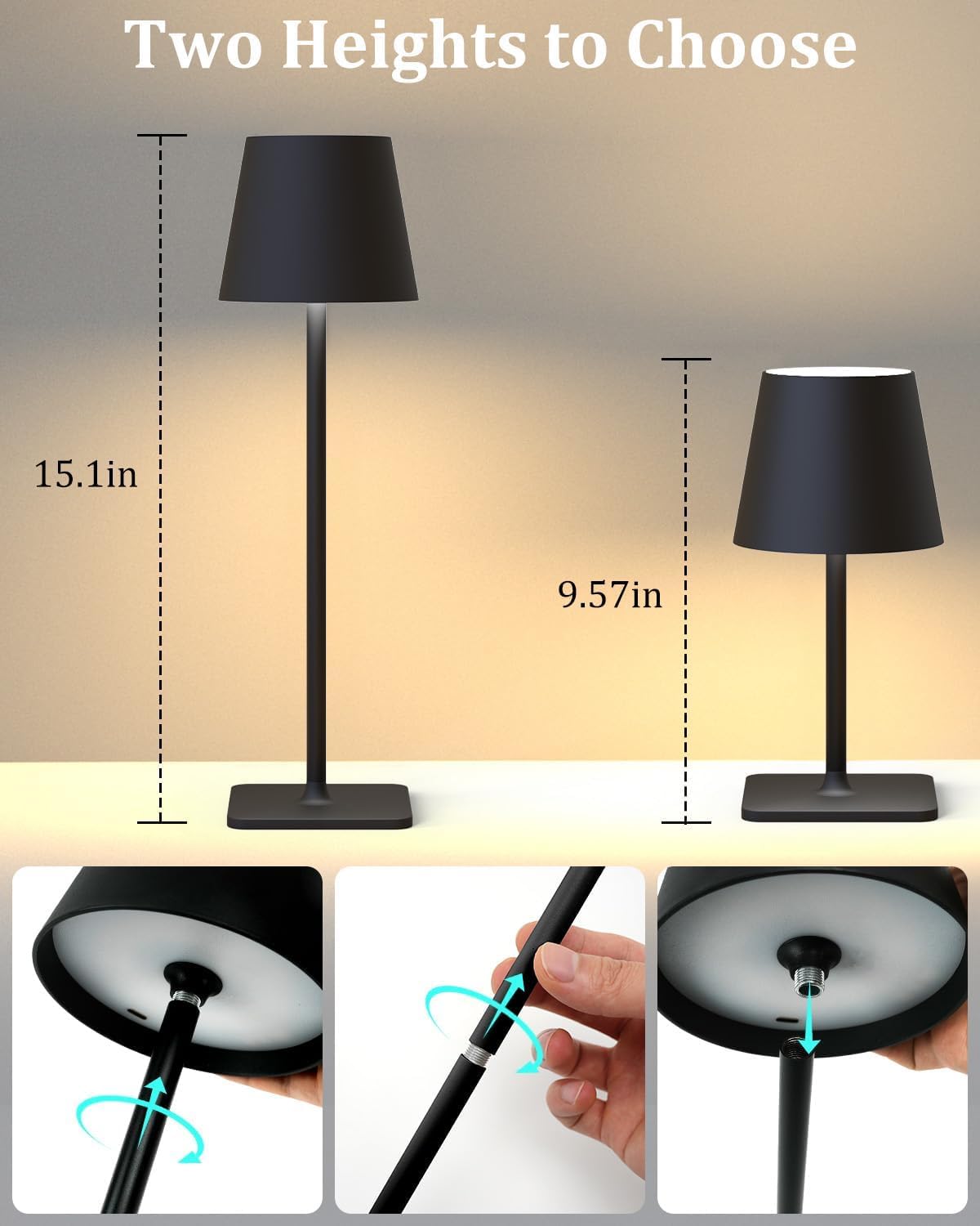 Fizrice Cordless Table Lamp Rechargeable Lamps: 6000mAh Battery Operated Table Lamp Outdoor Waterproof, Touch Control, Portable Wireless Desk Lamp for Dinner/Bedroom/Restaurant(Black 2 Pack)