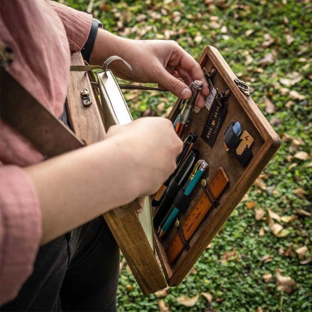 Writers Messenger Wood Box, Multifunctional Wooden Handmade Crossbody Postman Bag Portable Artist Tool Bag Painting Brush Tool Storage Sketch Box Easel for Outdoor Painting (Brown)…