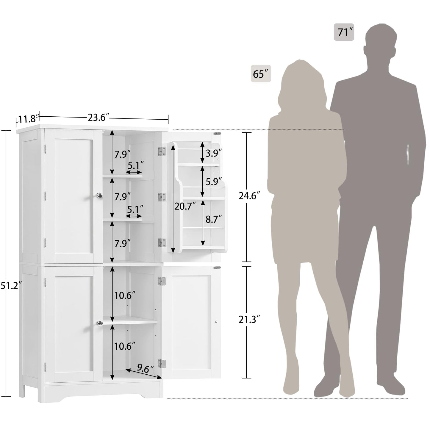 TEENFON 51" H Pantry Cabinet with 4 Doors, Kitchen Cabinet with 6 Door Shelves, Storage Cabinet for Living Room, Dining Room, Bathroom, White