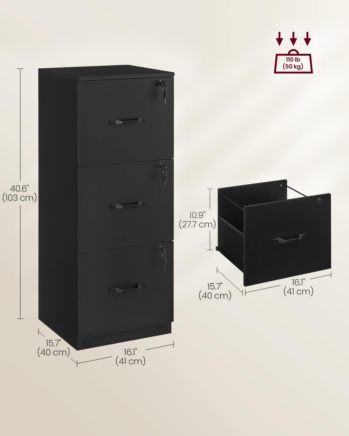 VASAGLE 3-Drawer Vertical File Cabinet, Filing Cabinet for Home Office, Printer Stand, with 3 Lockable Drawers, Adjustable Hanging Rail, for A4 and Letter-Size Files, Ink Black UOFC055B16