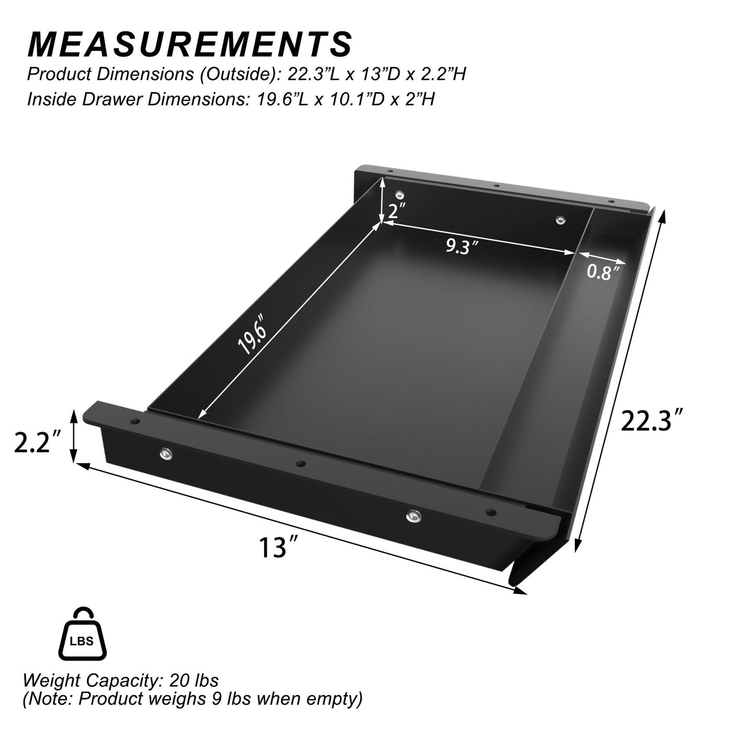 Gaxomo Large Under Desk Mounted Sliding Drawer with Pencil Tray and 60 Degree Tilt Panel to Pull Out, 22'' Long & 13'' deep Large Storage Organizer for Sit Stand Workstation