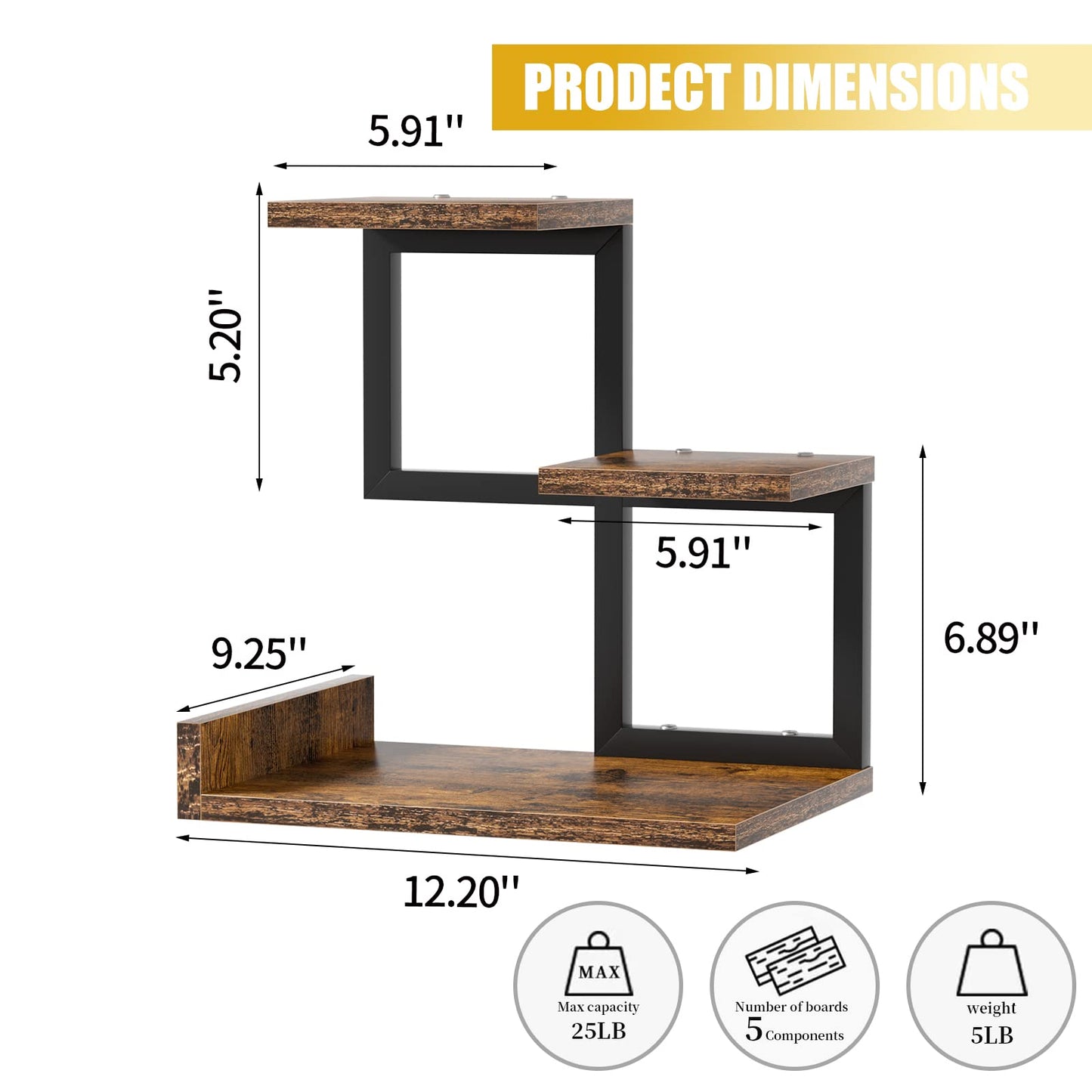 Gannyfer Office Decor Desk Shelf Organizer - Wood Desktop Shelf, Freestanding Desk Hutch, 3 Tier Storage Display Rack, Small Bookshelf with Metal Frame for Books/Plants/Toys (Rustic Brown Black)