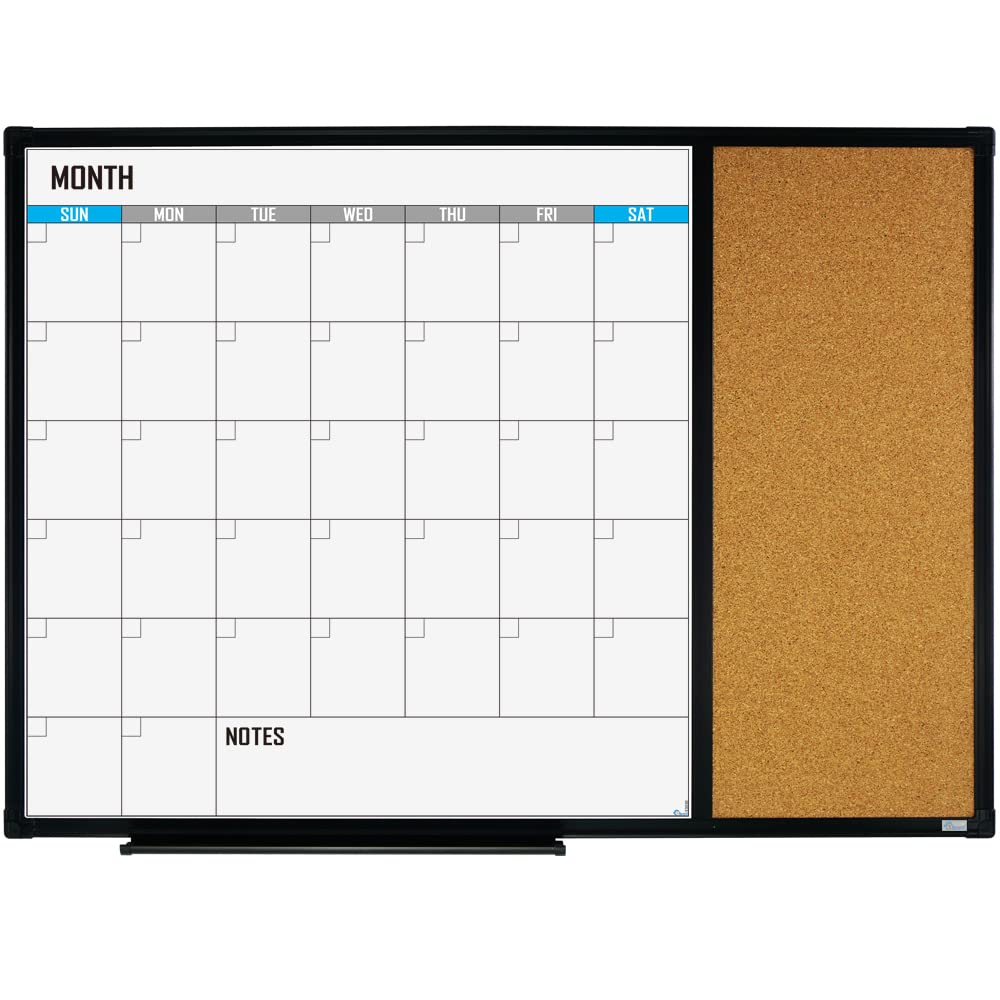 XBoard Dry Erase Calendar Whiteboard 28 X 20 - Combo White Board Calendar Monthly, Magnetic White Board + Corkboard with Black Aluminum Frame