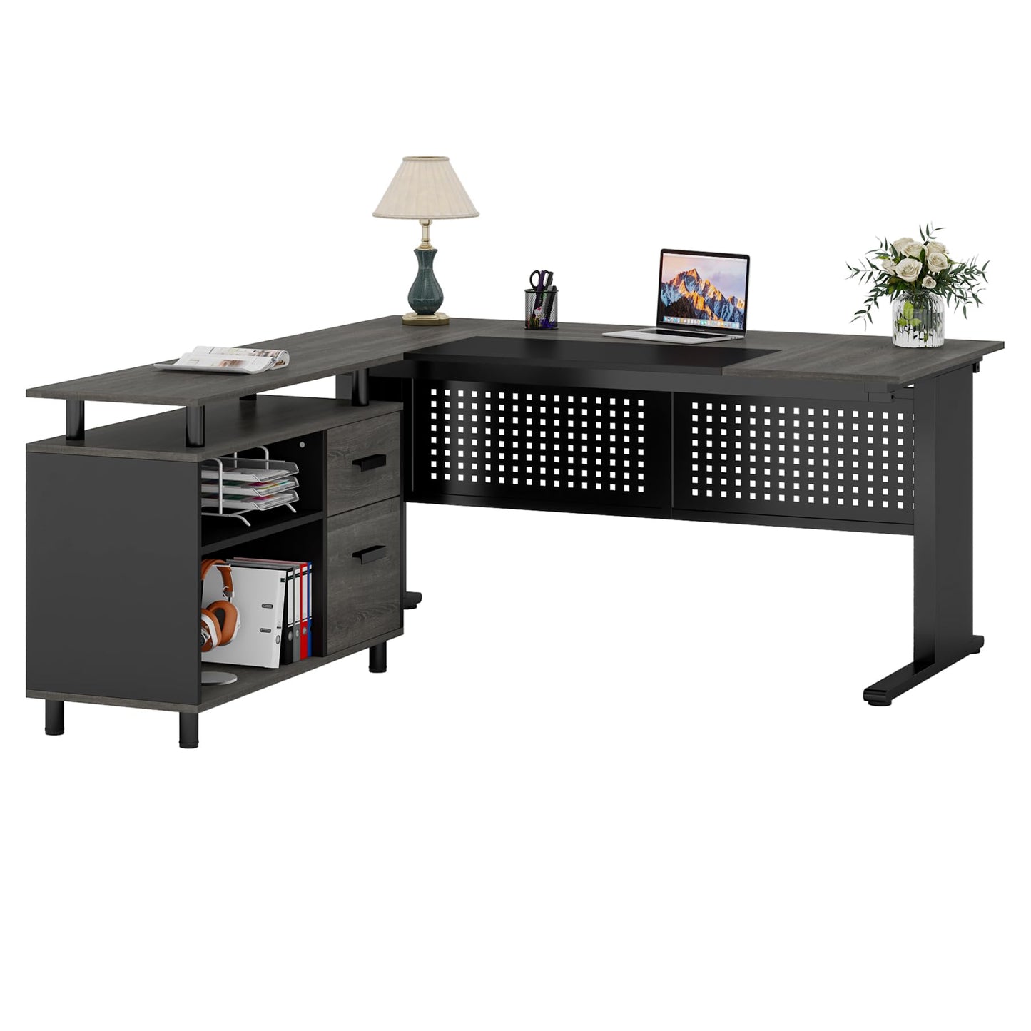 LITTLE TREE Large Computer Desk with File Cabinet, 63 Inch Executive Desk L Shaped Office Desk with Drawers and Storage Shelves, Business Furniture Desk Workstation for Home Office