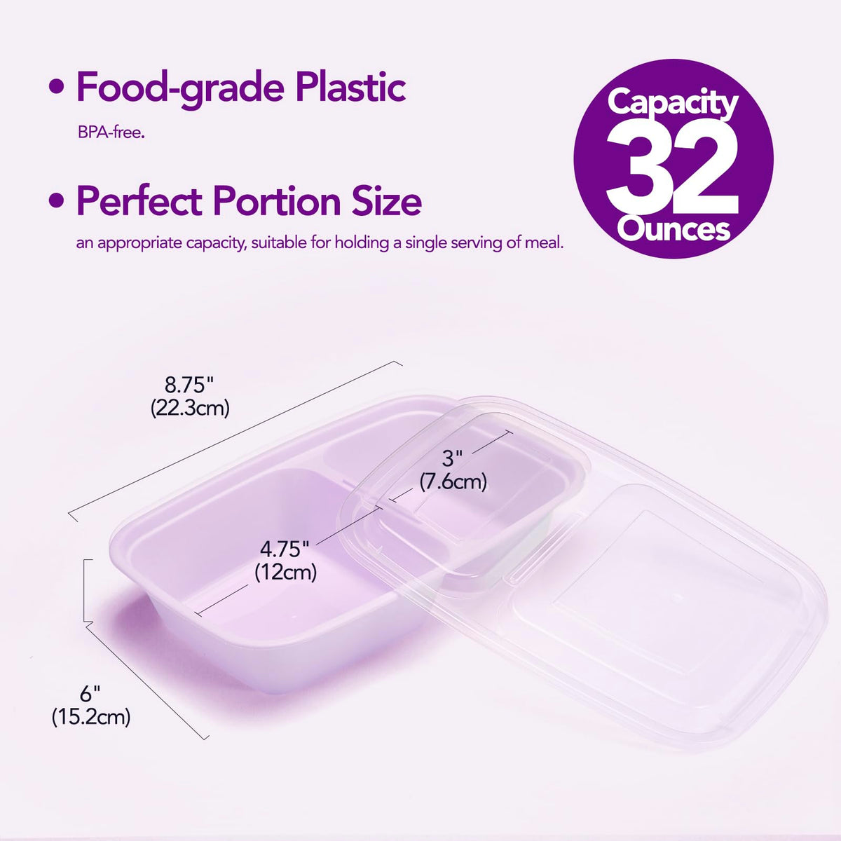 Glotoch 50 Pack Purple Meal Prep Containers Reusable 2 Compartments, Glotoch 32OZ to Go Containers for Food, Disposable Plastic Food Containers with Lids for Microwave Dishwasher Freezer Safe