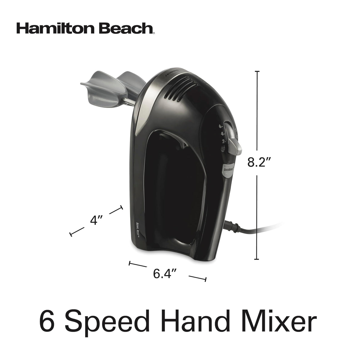Hamilton Beach 6-Speed Electric Hand Mixer with Whisk, Dough Hooks and Easy Clean Beaters, Powerful 275 Watt Motor, Snap-On Storage Case, Black