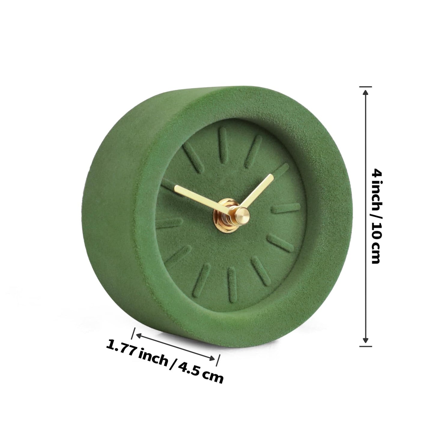 SCOAGE 4 Inch Minimalist Flocked Cement Desk Shelf Clock, Silent Non-Ticking Battery Operated, Modern Decorative Table Clock for Bedroom Bedside, Dresser, Mantel, Home Office (Green)