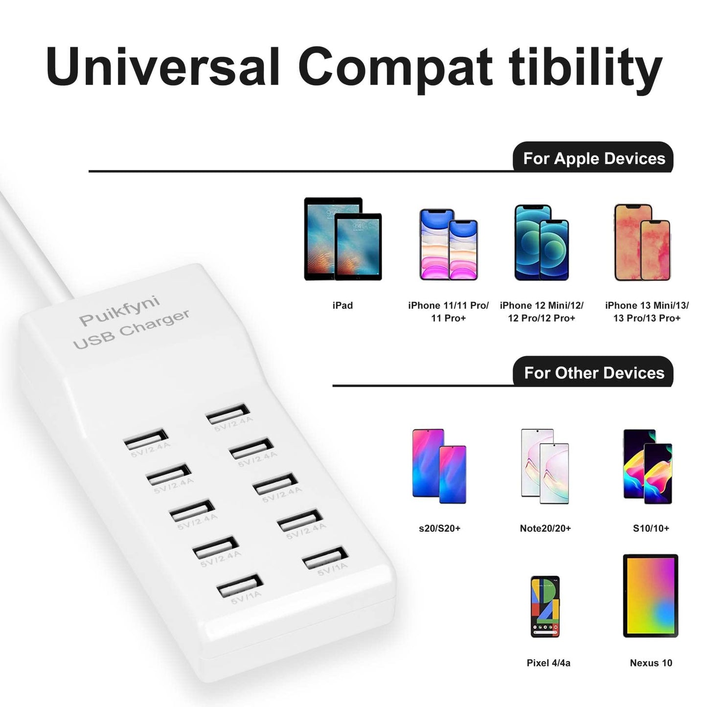 10-A Port USB Charger Station, smart Multiple Charging Block/USB Power Strip for Multiple Devices,Mobile Phones and iPads,Smart Watches Tablets (White)