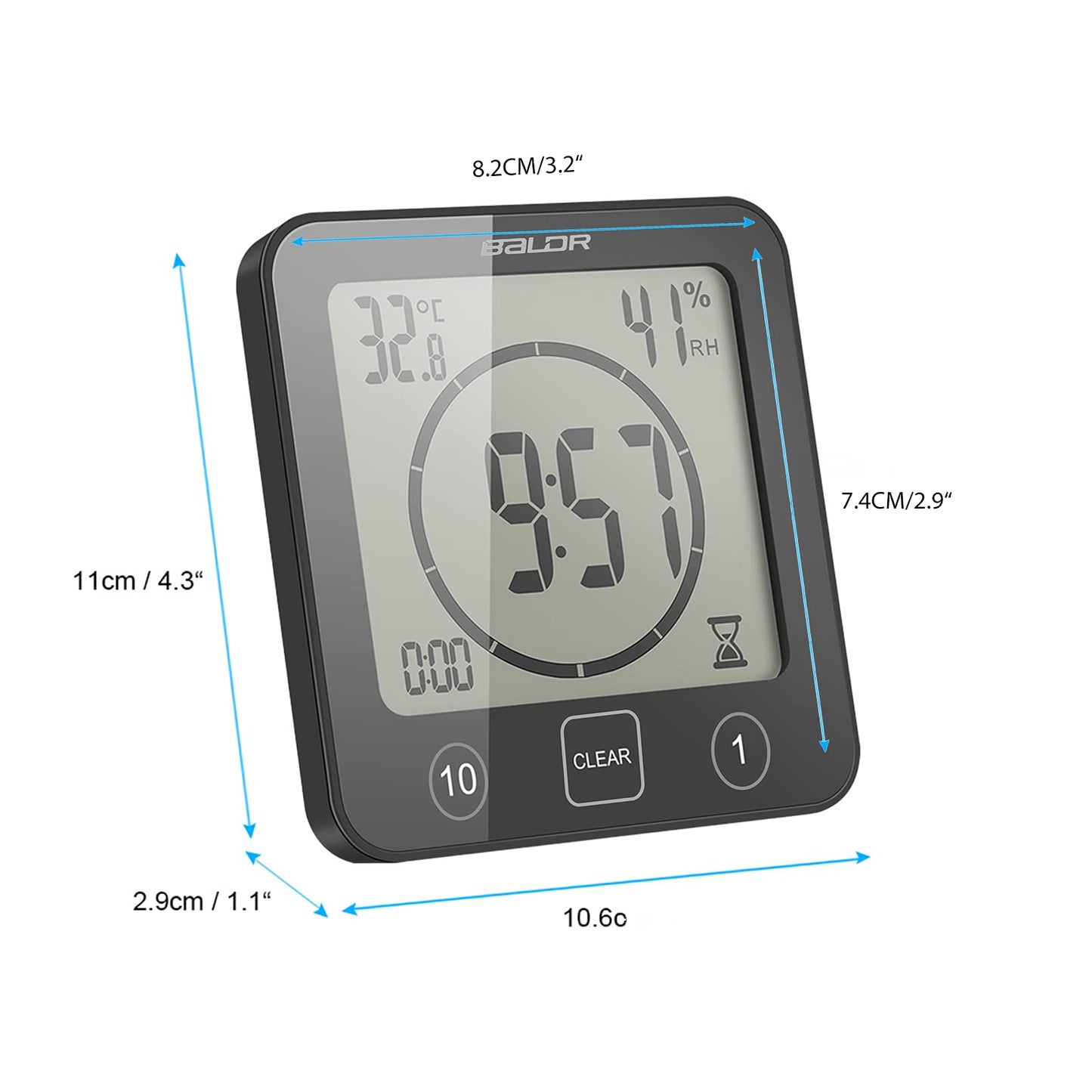 Digital Bathroom Shower LCD Wall Clock with Suction, Waterproof Temperature Humidity Gauge, Touch Screen Timer, Large Countdown Timer (Black)