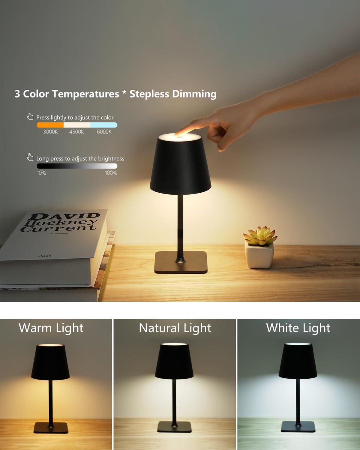 Fizrice Cordless Table Lamp Rechargeable Lamps: 6000mAh Battery Operated Table Lamp Outdoor Waterproof, Touch Control, Portable Wireless Desk Lamp for Dinner/Bedroom/Restaurant(Black 2 Pack)