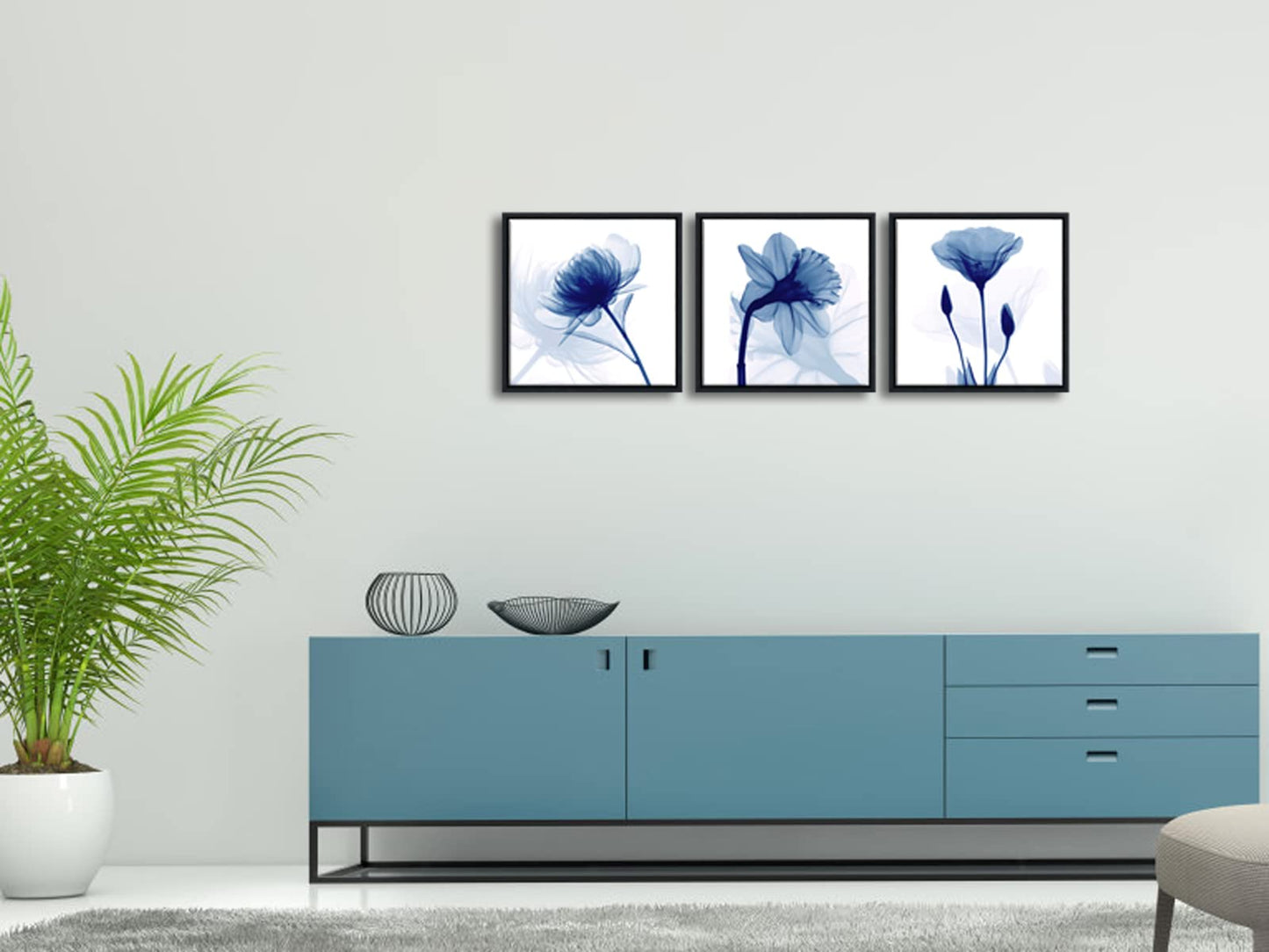 Wieco Art Framed Blue Abstract Flowers 3 Panels Canvas Prints Wall Art Modern Pictures Artwork for Living Room Bedroom Home and Office Decorations with Black Frame