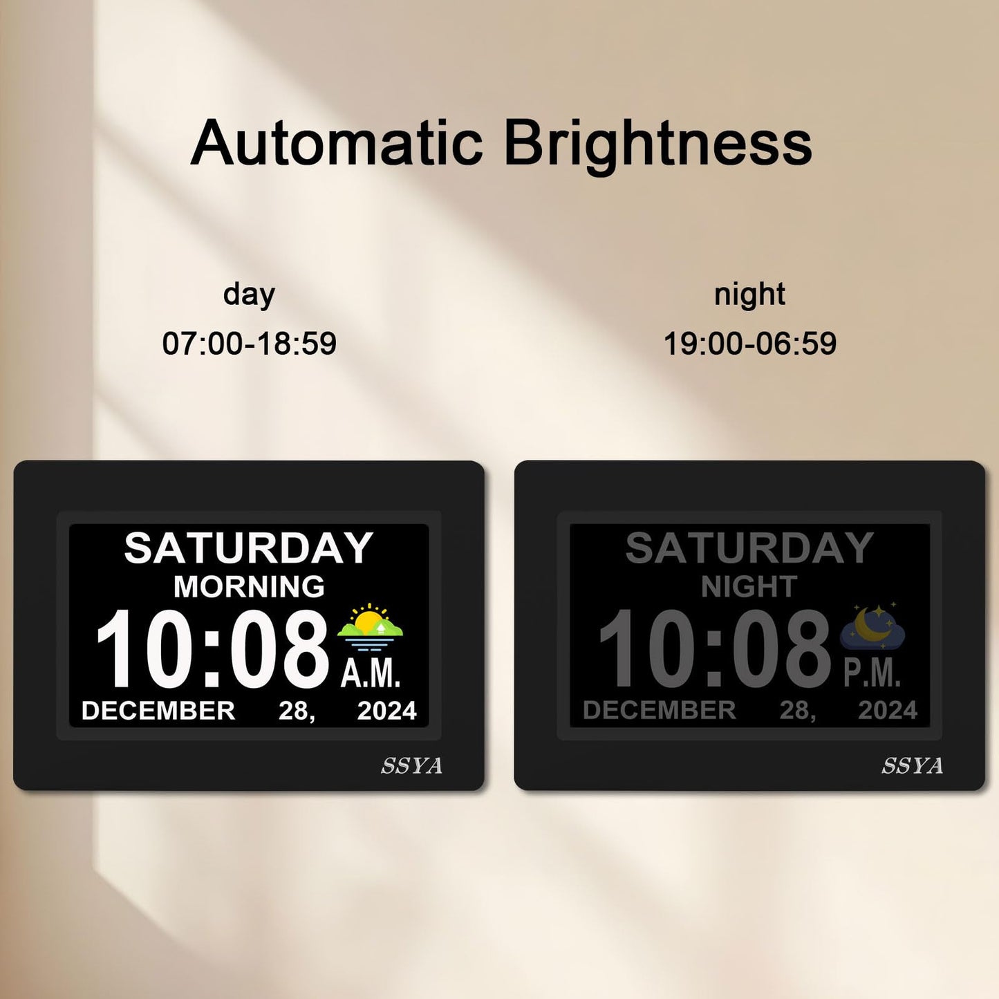 SSYA 7 Inch Calendar Clock - 12 Alarm Options, Level 5 Auto Dimmable Display,Extra Large Impaired Vision Digital Clock with Non-Abbreviated Day & Month (Black)