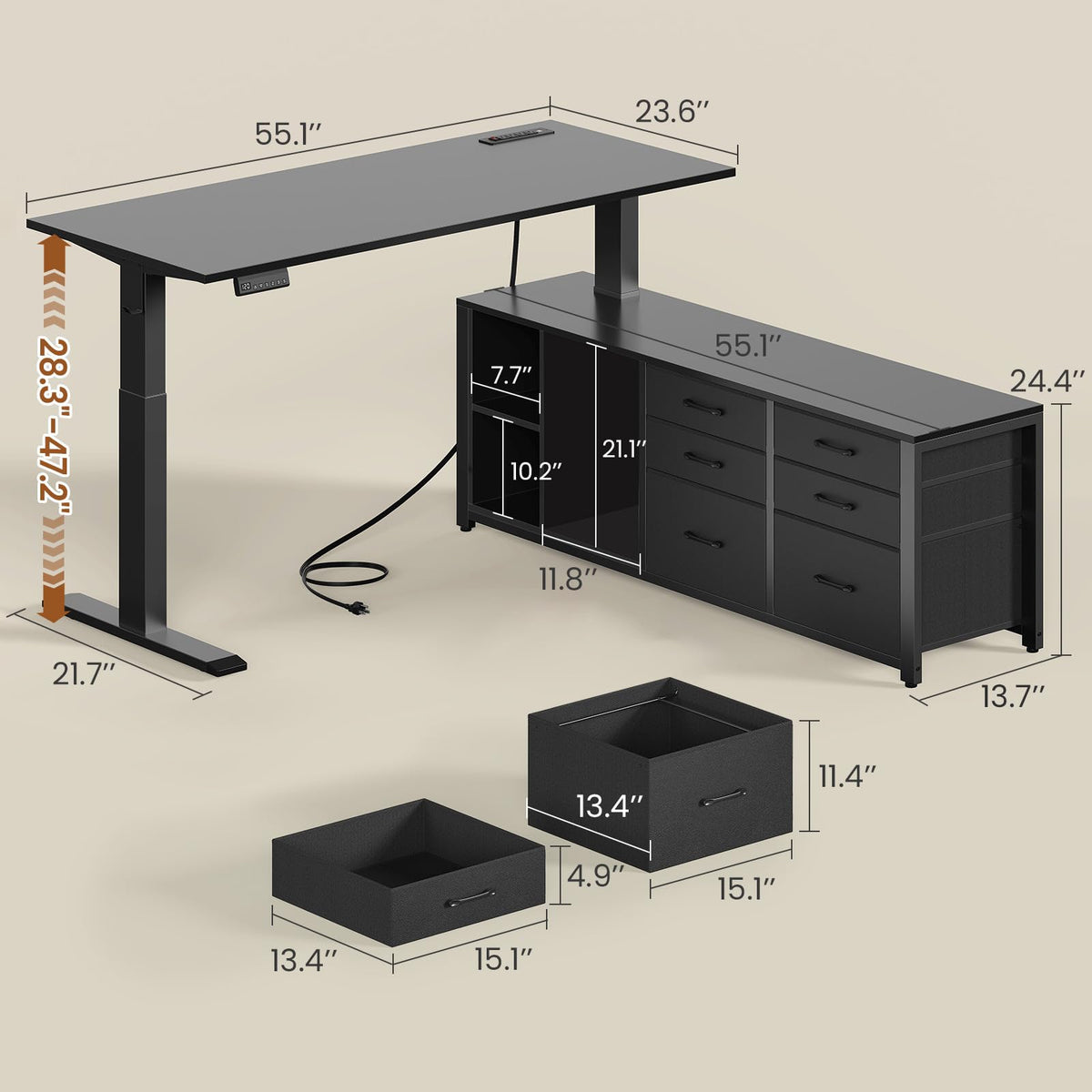 SEDETA L Shaped Electric Standing Desk, 55" x 55" Height Adjustable Office Executive Desk with 6 Fabric Drawers and Storage Shelves, Sit Stand Computer Desk with Power Outlet for Home Office (Black)