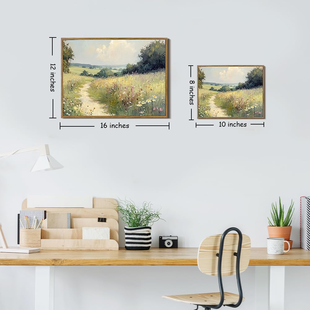 Framed Canvas Wall Art Prints Oil Painting Wildflower Aesthetic Room Decor Serene Country PathLandscape Abstract Poster Pictures Prints for Bathroom, Bedroom LivingRoom 8×10inch
