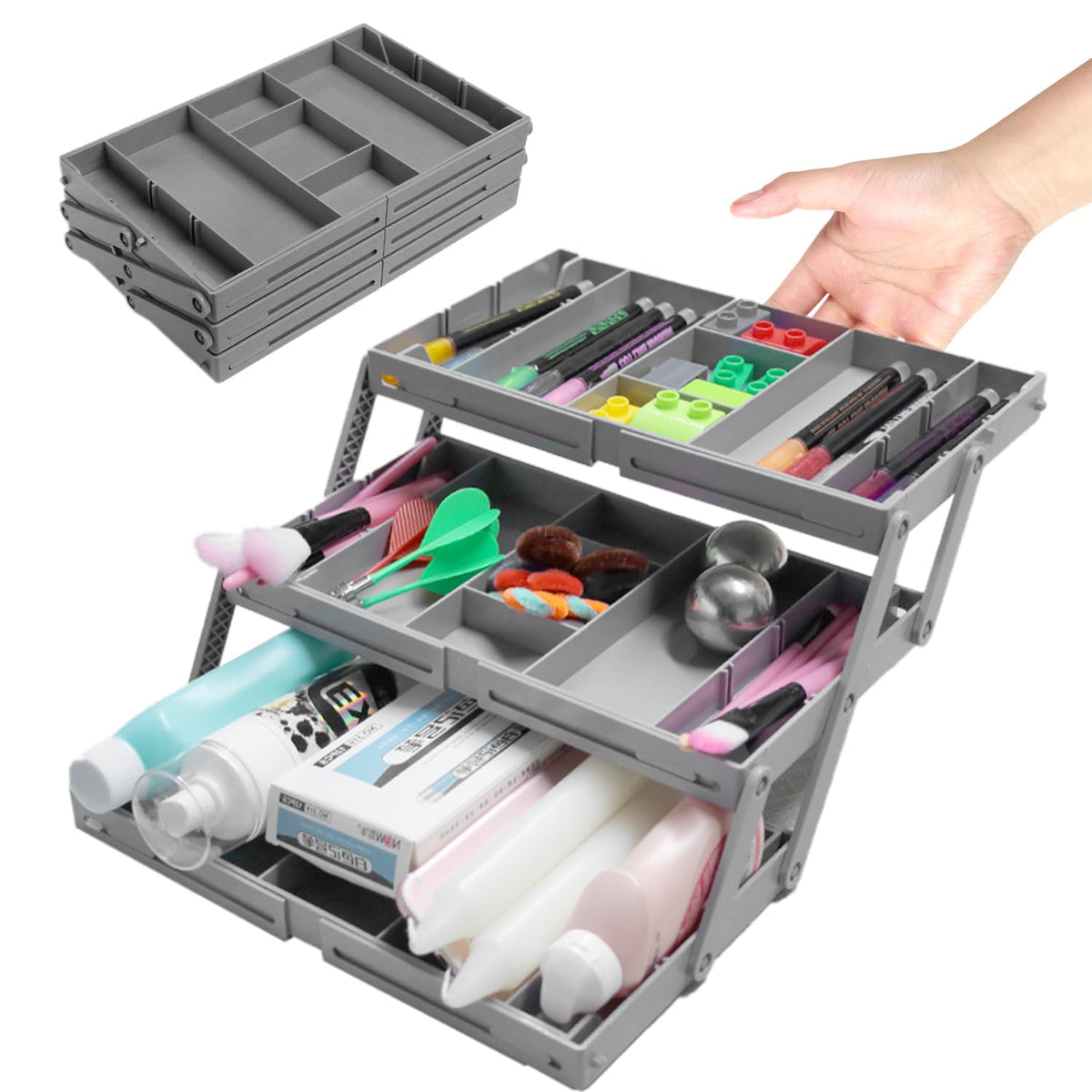 Abnaok 3 Tier Drawer Organizer Multi Level Collapsible Expandable Desk Organizer Trays for Office Supplies, Kitchen Gadgets Utensils, Vanity, Makeup, Jewelry