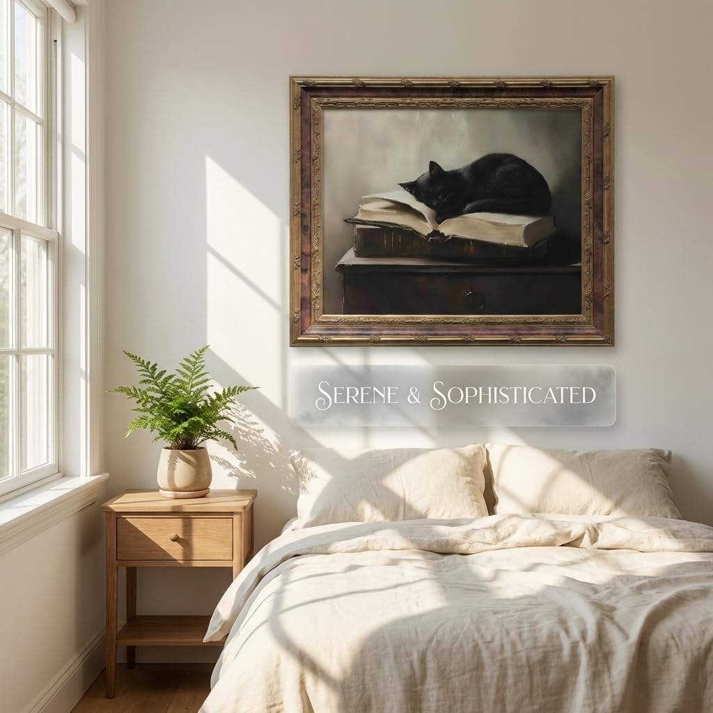 Framed Vintage Black Cat Wall Art Canvas Print Retro Animal Painting Picture Moody Rustic Farmhouse Artwork for Living Room Bedroom Office, Ready to Hang 8x10 Inches