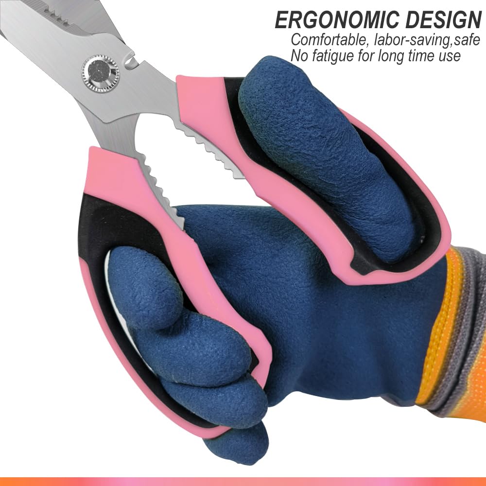 FTECYBO Heavy Duty 8'' Multipurpose Scissors with Protective Cover, Stainless Steel Serrated Blades, Easy Cutting Cardboard, Leather, Fabric, Wires (PINK)