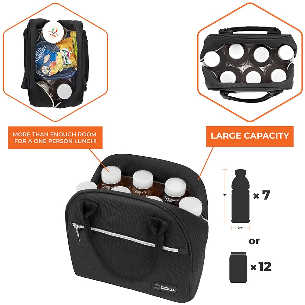 opux Insulated Lunch Box for Women, Reusable Lunch Bag Tote for Work, Girls, School, Soft Cooler Cute Lunchbox Thermal Meal Prep Organizer, Black