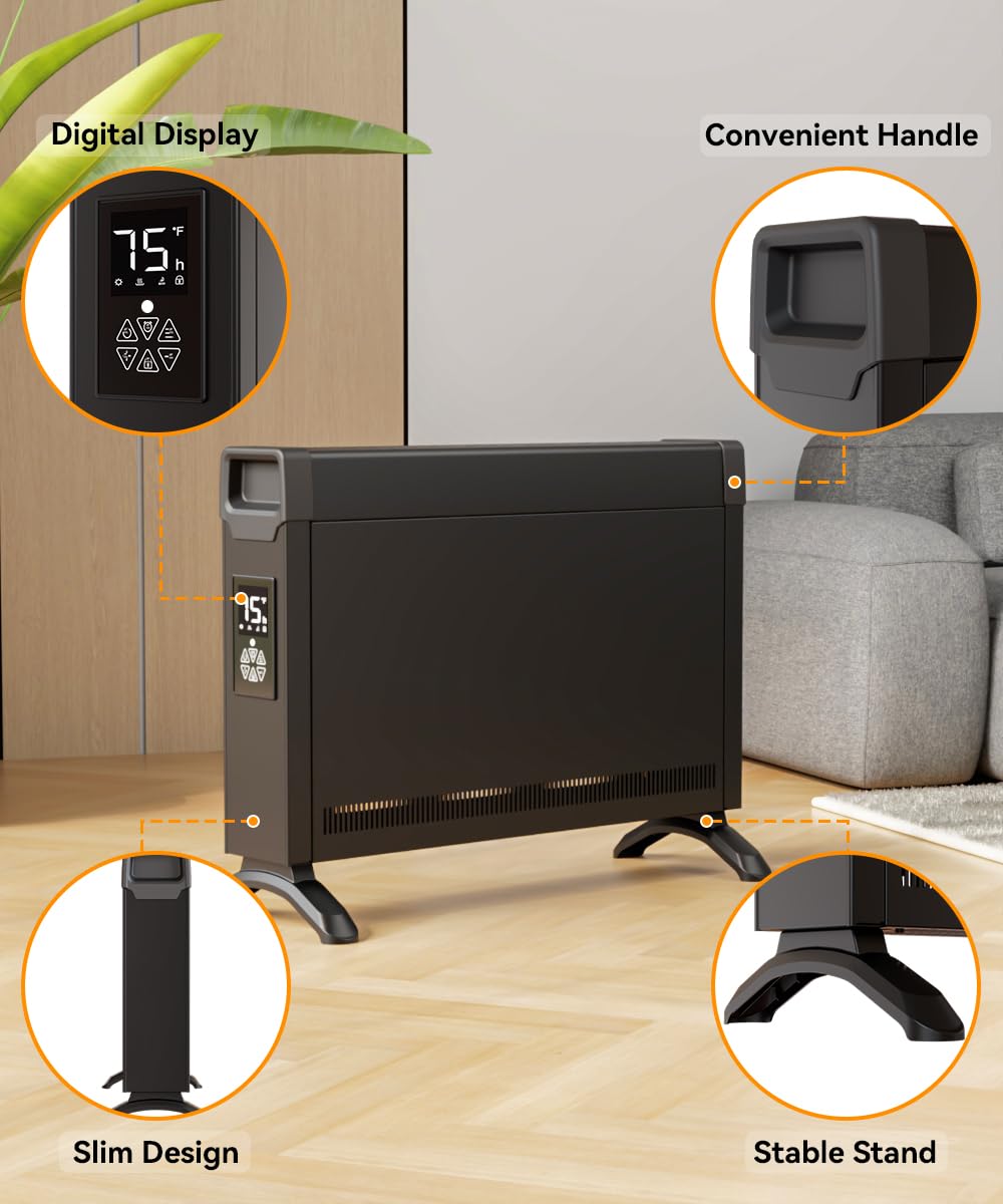 BREEZEHEAT Convection Panel Heater 1500W, Energy Efficient Electric Space Heater for Indoor Use w/Remote Control, Silent Operation, Slim Design for Large Room, Home Office (Black)