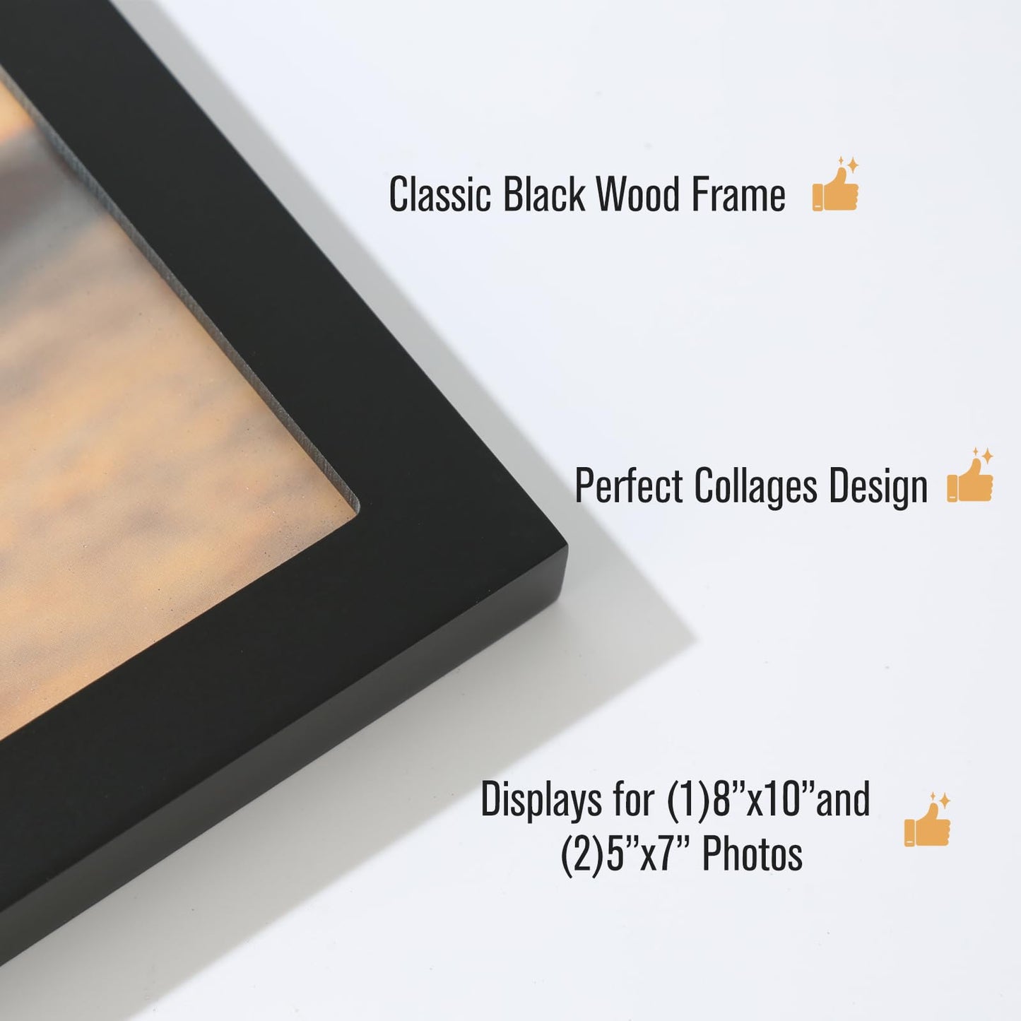 UMICAL Collage Picture Frame for 8x10 and 2 5x7 Pictures Display with Shatter-Resistant Glass & Black Wood 3-Openings Photo Frames Made for Tabletop Stand and Wall Mounting