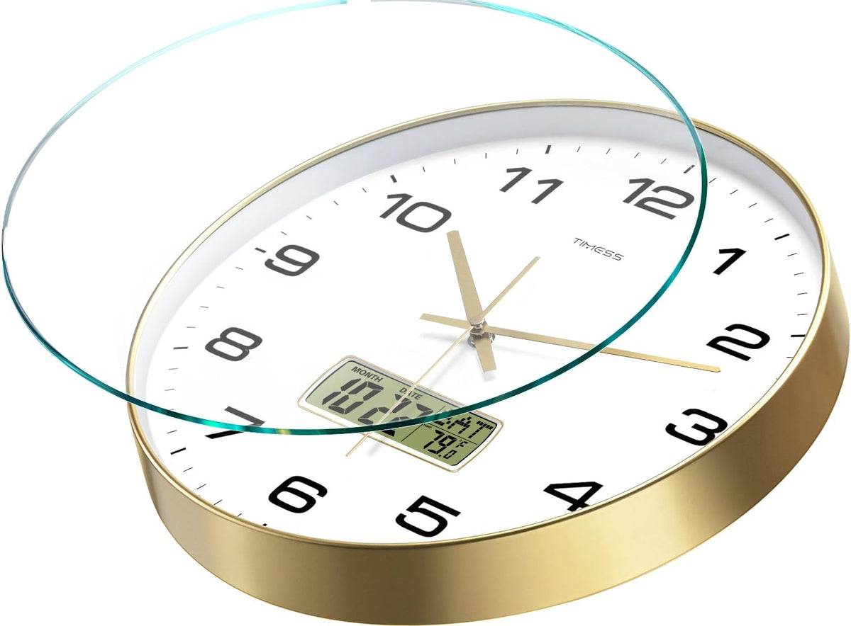 TIMESS Wall Clock, 12" Dial Non-Ticking Silent Battery Operated Analog with LCD Display for Perpetual Calendar and F° Temperature, Ideal Modern Home, Bedroom, Kitchen, Office Decor (Gold)