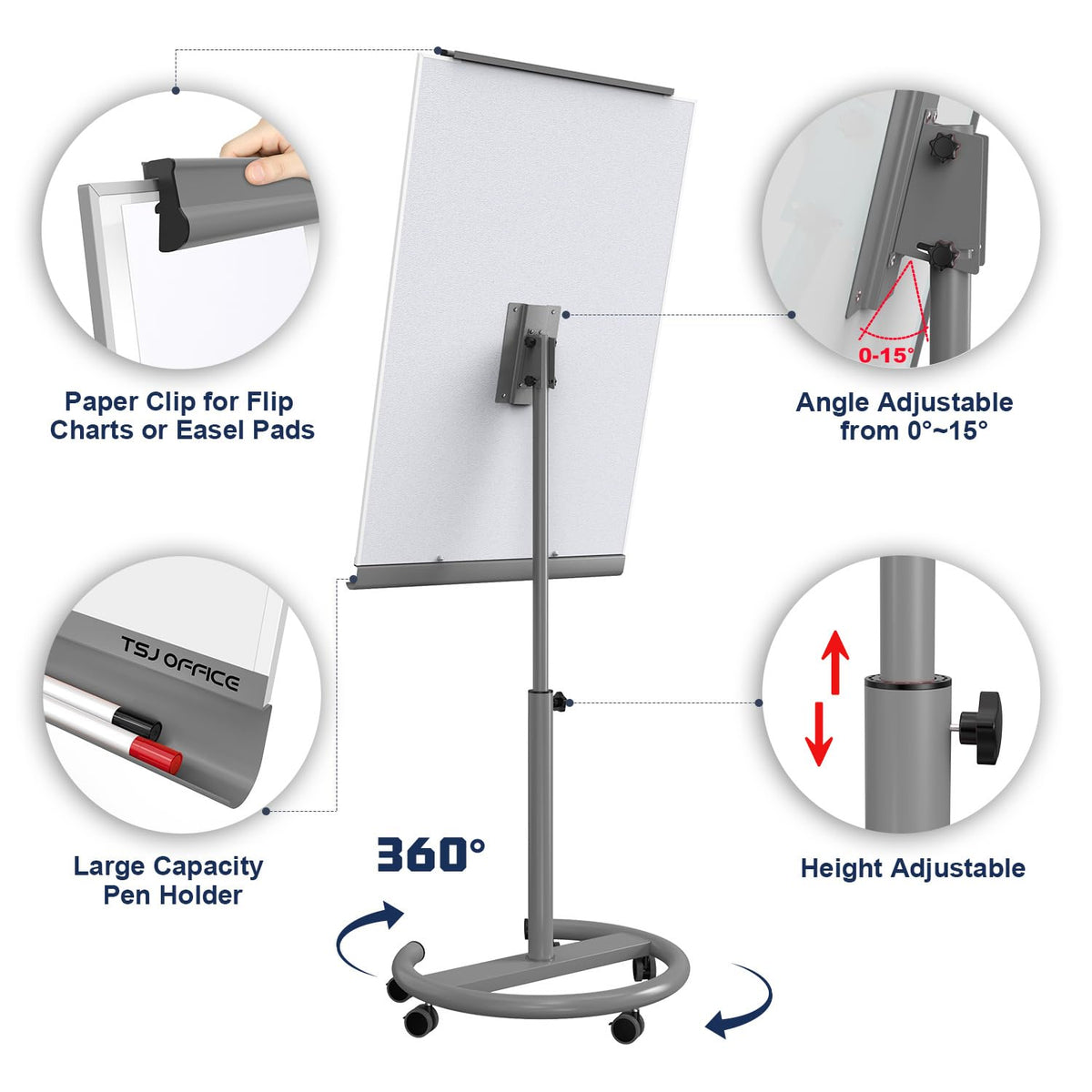 TSJ OFFICE Rolling Whiteboard Standing - 40 x 26 Inches Magnetic Mobile White Board with Stand, Height Adjustable Dry Erase Board on Wheels with Paper Clamp on Top, Gray