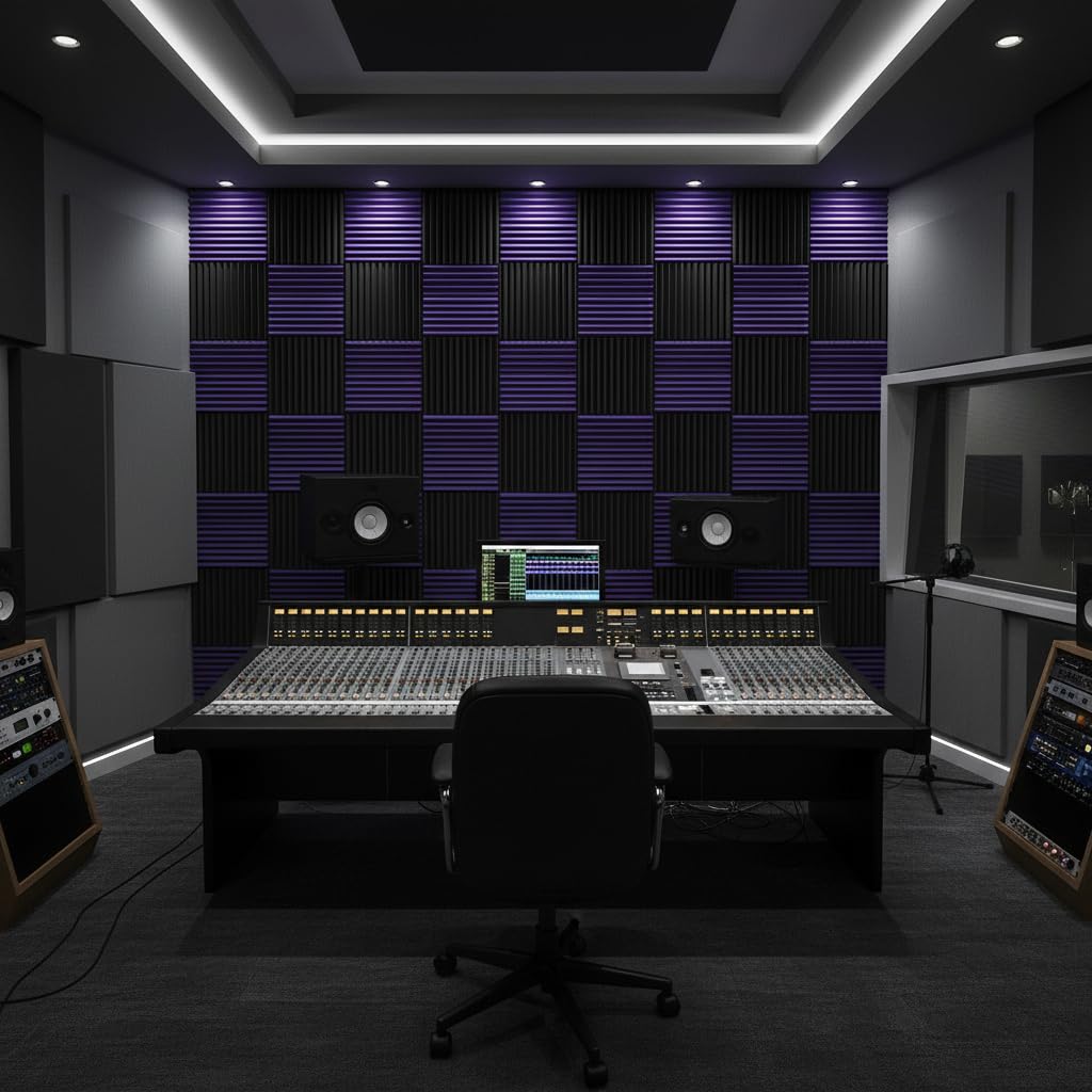 96 Pack Allxinlog Absorb the echo Acoustic Foam Panel Wedge Studio Soundproofing Wall Tiles 12" X 12" X 1" (Accompanied By Double-Sided Adhesive Tape)(48Purple+48Black)