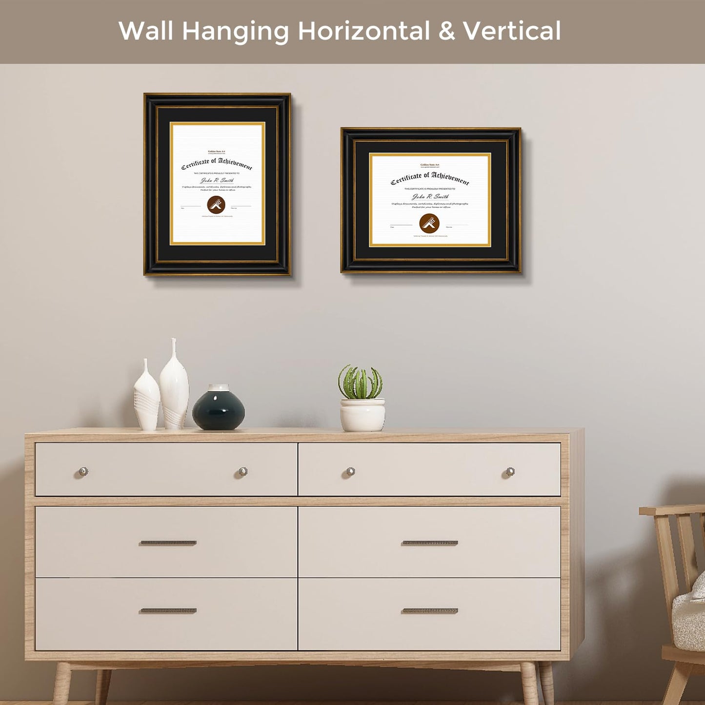 Golden State Art, 11x14 Vintage Antique Style Black Document Frame for 8.5x11 Diploma/Certificate, Sawtooth Hangers for Wall Mounting With Real Glass, Gold Trim (Black/Gold Double Mat)