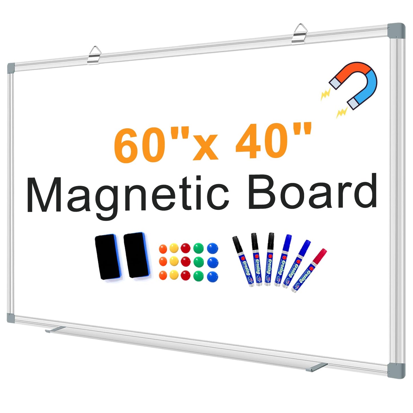 Large Magnetic Dry Erase Whiteboard, 60"X40" White Board for Wall with Long Pen Tray, Dry Erase White Board for Home Office Classroom