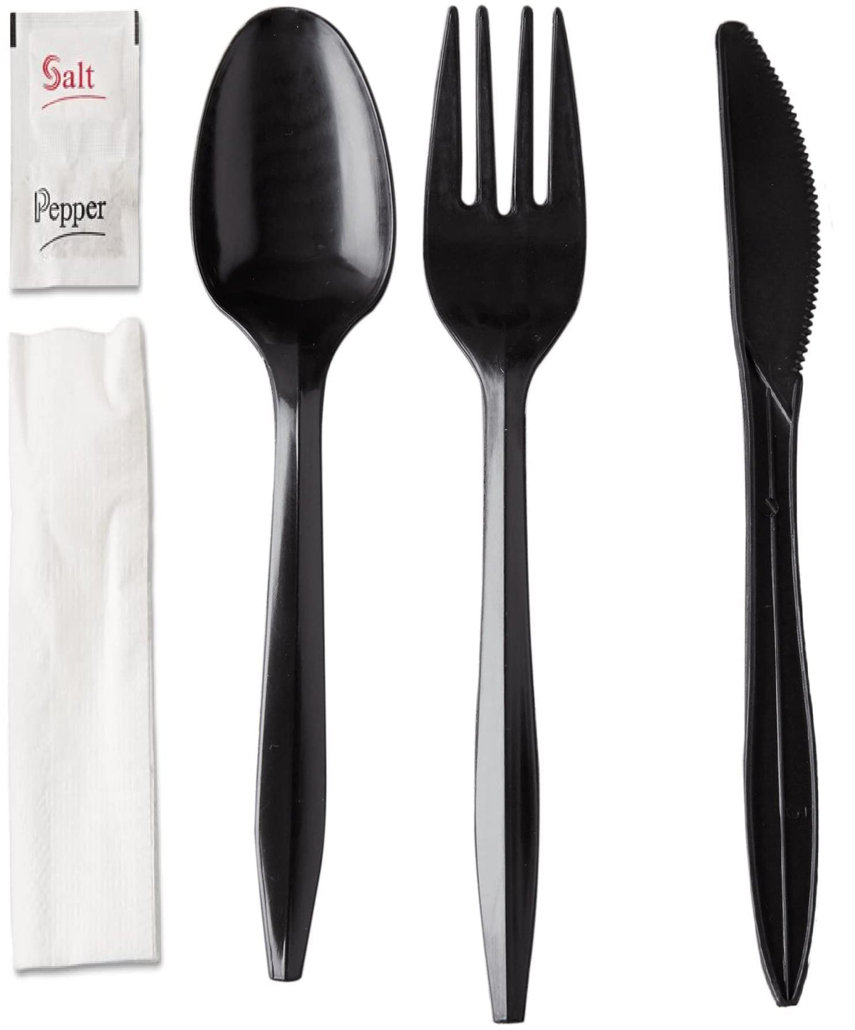 250 Disposable Cutlery Packets - Knife, Fork, Spoon, Napkin, Salt, Pepper Sets | Black & Silver Plastic Sets, Individually Wrapped Cutlery Kits