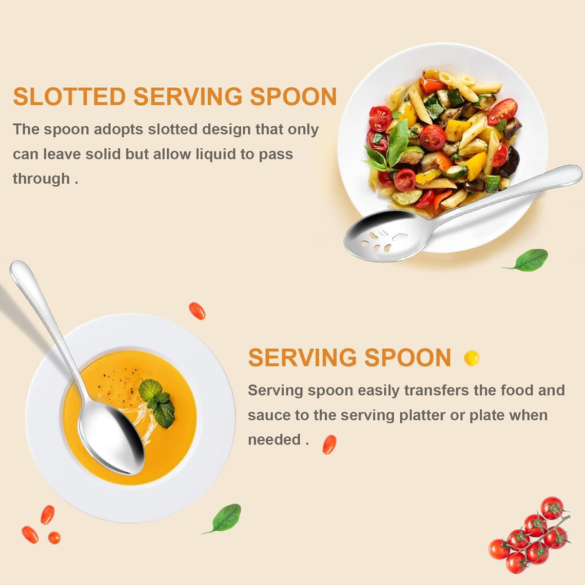 BEWOS 16-Piece Serving Spoons Set - Set of 8 Serving Spoons, Set of 8 Slotted Spoons, 9.1-Inch Utensils Set for Parties, Stainless Steel, Dishwasher Safe, Large Spoon For Buffet