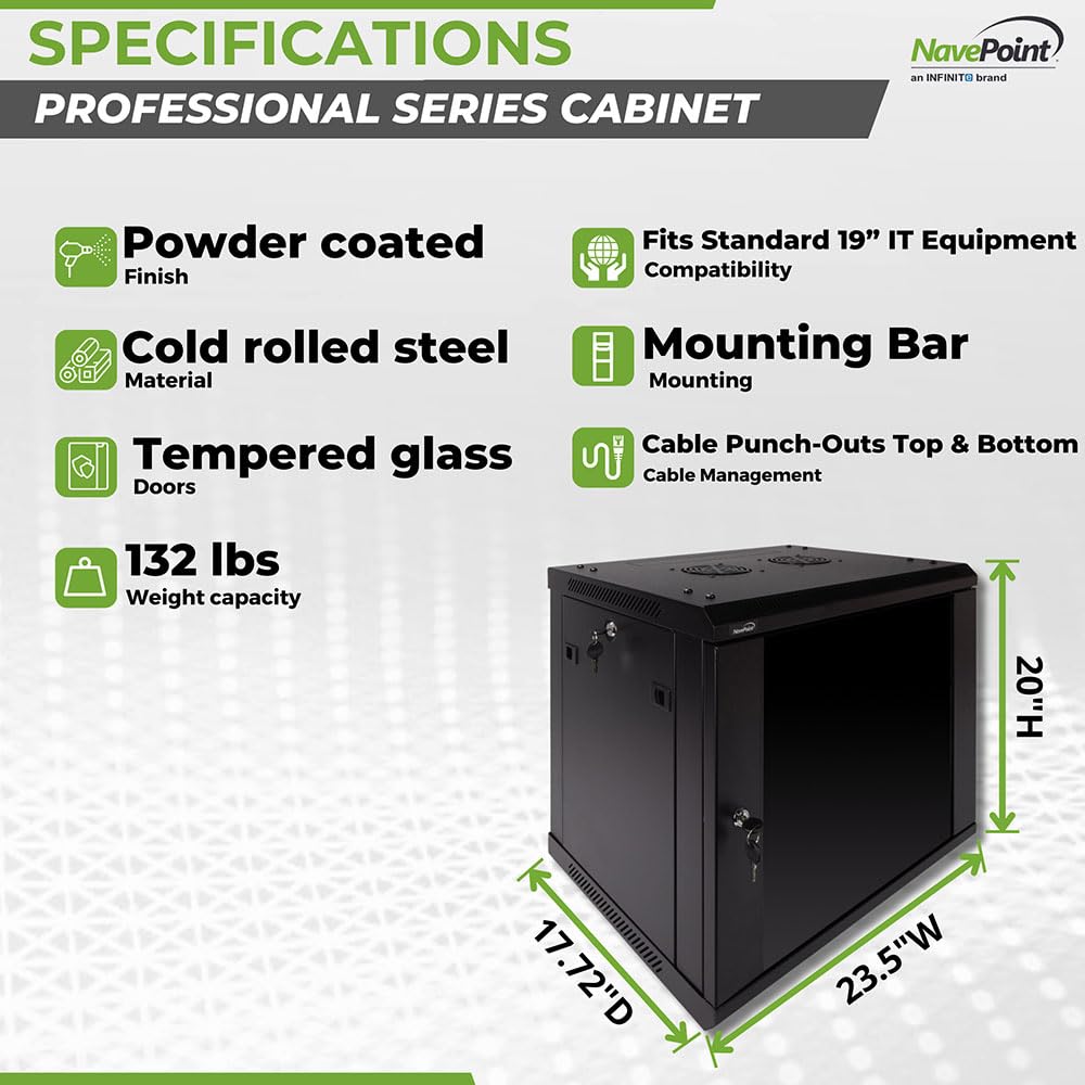 Navepoint 9U Deluxe IT Wallmount Cabinet Enclosure 19-Inch Server Network Rack with Locking Glass Door - Black