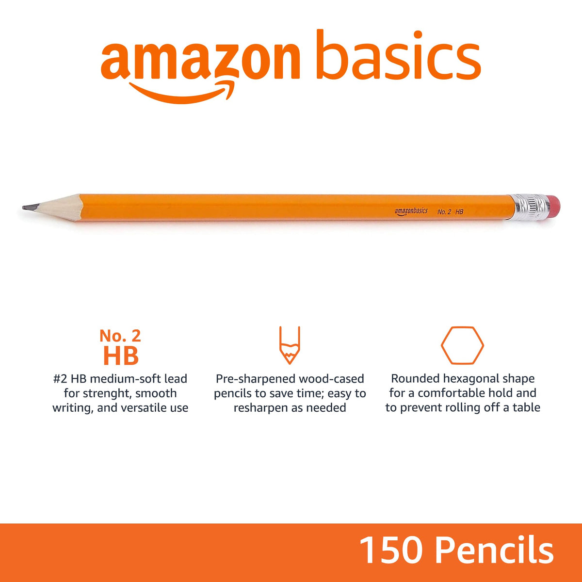 Amazon Basics Wood-Cased #2 Pencils for Writing, Drawing and Sketching, Pre-sharpened, HB Soft Lead with Erasers, Teacher Supplies, 150 Count, Yellow