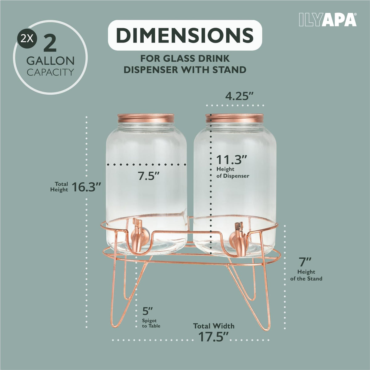 Ilyapa Rose Gold Double Glass Beverage Dispenser with Stand - 2 Gallon Large Drink Dispensers for Parties with Stainless Steel Spigot For Drinks