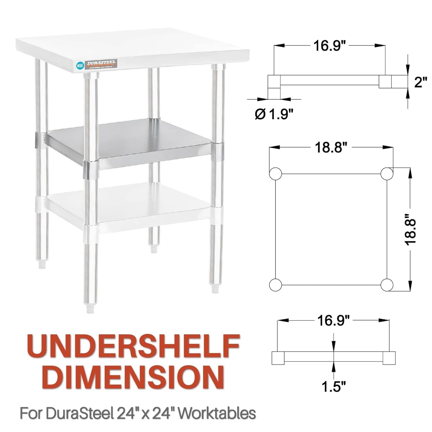 DuraSteel Galvanized Under Shelf for Work Tables - Extra Adjustable Lower Shelf for 24" x 24" Stainless Steel and Wooden Worktables - Fits for use in Restaurant, Warehouse, Home, Kitchen, Garage