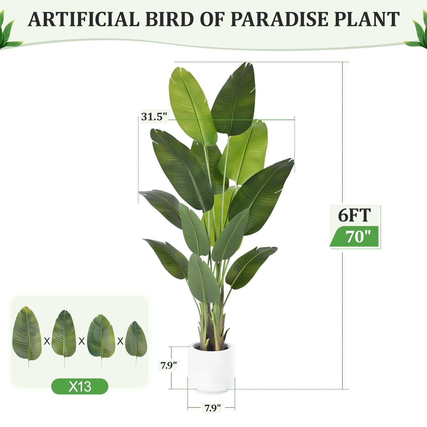 Artificial Bird of Paradise Plant 6Ft Tall Fake Tropical Palm Tree Large Fake Plants with 13 Silk Banana Leaves Faux Plant Indoor Decor Trees with White Pot for Home Bedroom Living Room Office（2pcs）
