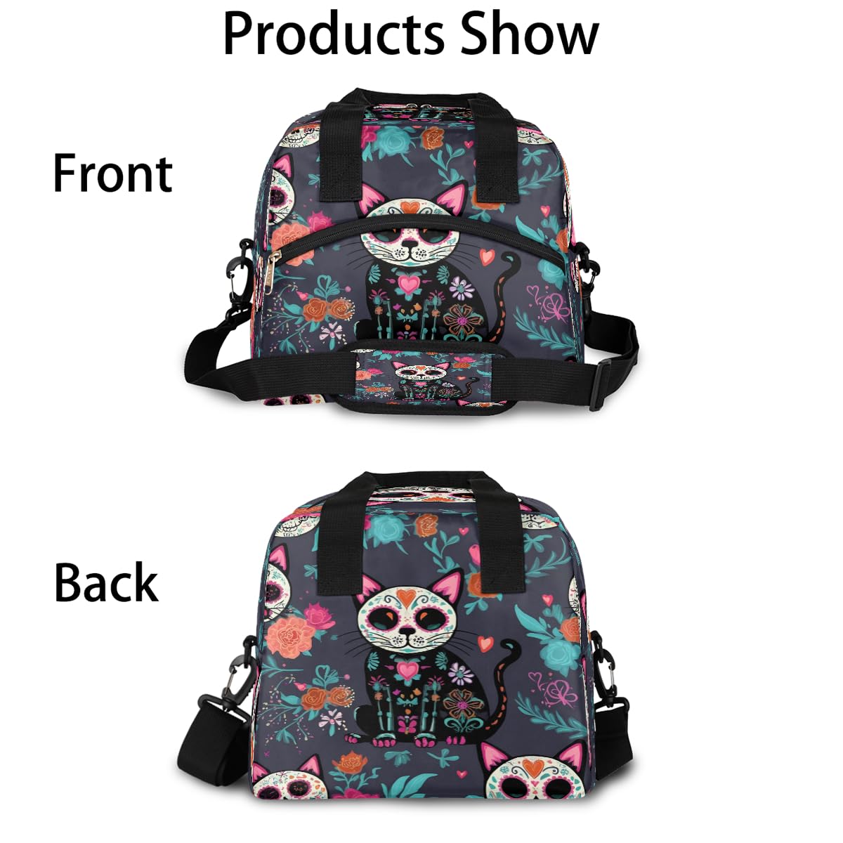 UOYO Lunch Bag Sugar Skull Flower Cat Lunchbox Organizer Insulated Waterproof Men Women Tote Cooler Handbag Adjustable Shoulder Strap for kids Girls Boys School Office Picnic