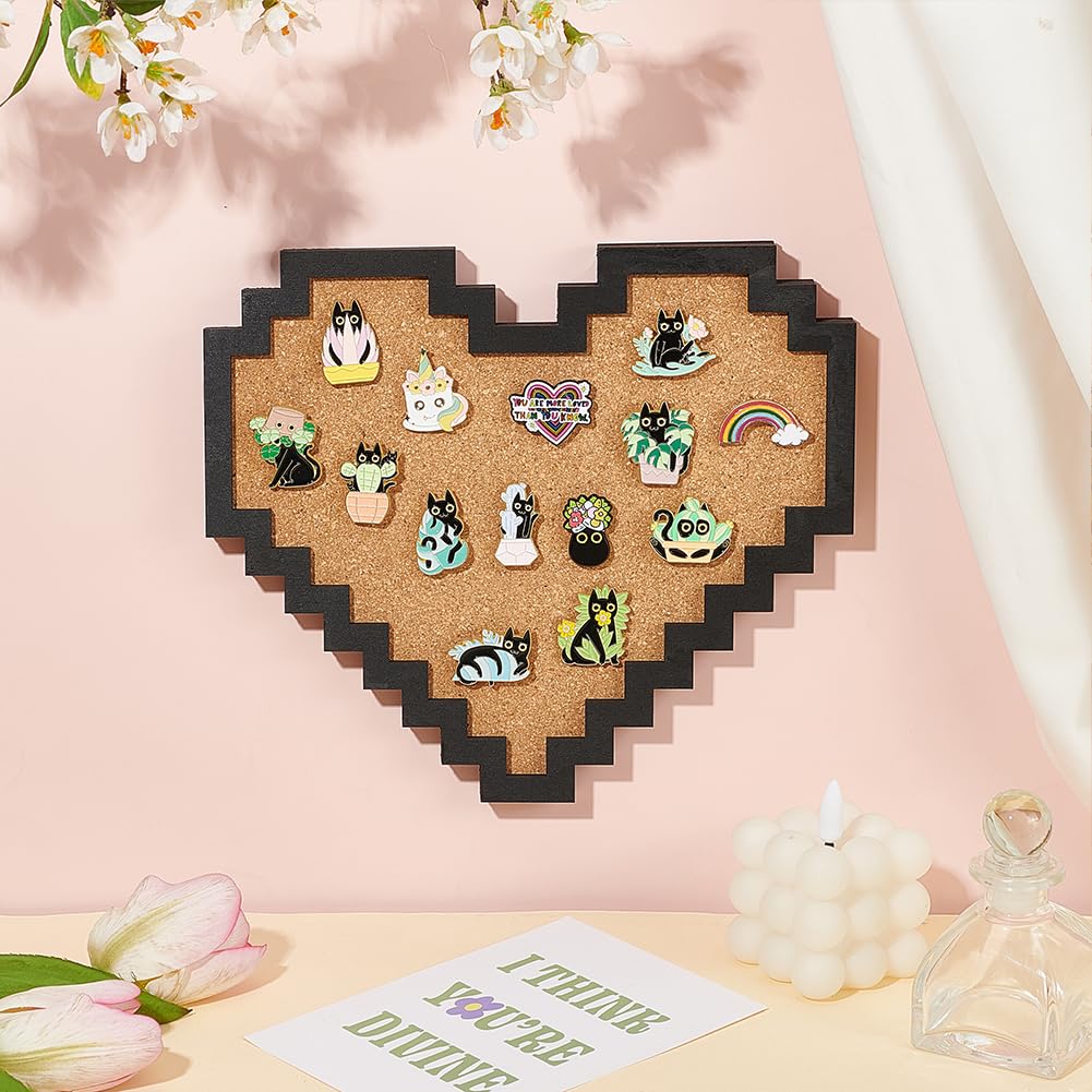 BENECREAT Pin Board Pixel Heart Cork Board, 0.8inch Thick Wall Mounted Cork Board Bulletin Display Board for Brooch Pin Storage, Office Home Festival Home Decor, 9x7.9inch
