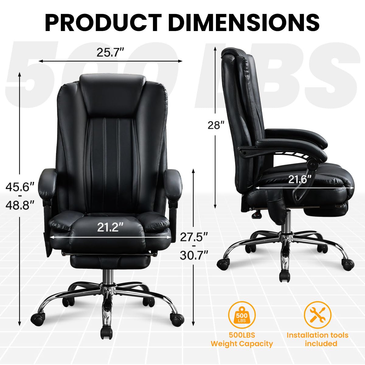 6 Points Vibration & Heat Massage Office Chair with Foot Rest,500lbs Big and Tall Office Chairs,Ergonomic Reclining Desk Chair for Home Office,Gaming