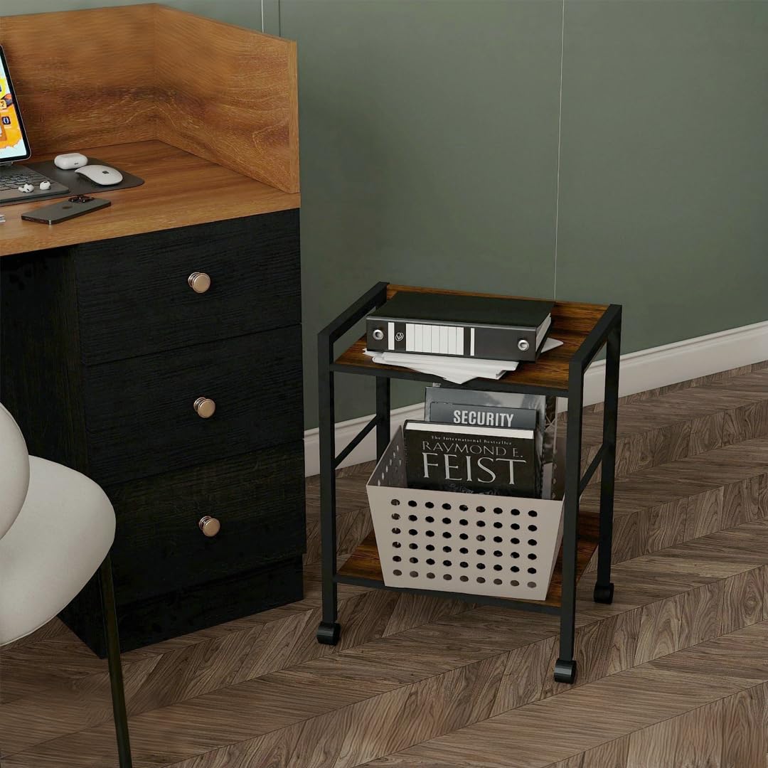 Aopark 2-Tier Rolling Utility Cart Night Stand Organizer with Brown Wood Shelves and Black Metal Frame, End Side Table Storage Trolley on Wheels for Kitchen Office, Bathroom, Living Room