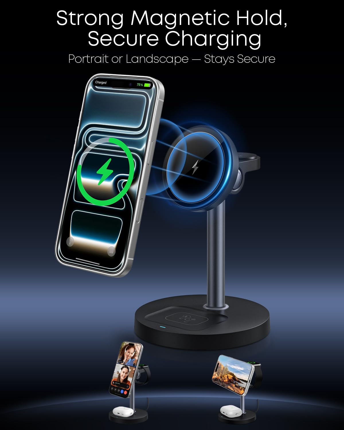 3 in 1 Magnetic Wireless Charging Station, 15W Fast Charger Stand for iPhone, Phone Charger Stand for Desk Nightstand, for iPhone 17/16/15/14/13/12, Apple Watch & AirPods, 18W Adapter Included -Black