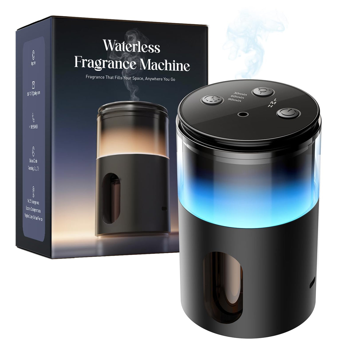 Pmsusoow Waterless Diffuser for Essential Oil: Mini Battery Scent Diffuser for Room&Home&Car with 9 Colors LED Light - Aroma Cool Mist Machine Charcoal Black